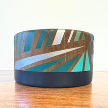 Load image into Gallery viewer, wooden vintage bowl handpainted with blue and silver geometric design