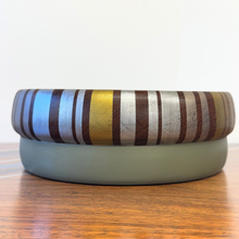 Load image into Gallery viewer, wooden vintage bowl handpainted with gold and silver stripes and sage green base