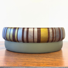 Load image into Gallery viewer, wooden vintage bowl handpainted with gold and silver stripes and sage green base
