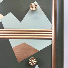 Load image into Gallery viewer, upcycled mid century chest of drawers mountain design in green and gold