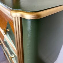 Load image into Gallery viewer, upcycled mid century chest of drawers mountain design in green and gold