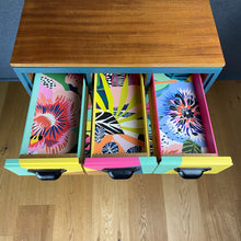 Load image into Gallery viewer, Vintage library card upcycled using blue yellow and pink geometric pattern