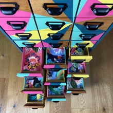 Load image into Gallery viewer, Vintage library card upcycled using blue yellow and pink geometric pattern