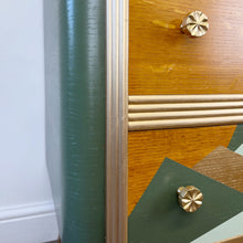 Load image into Gallery viewer, upcycled mid century chest of drawers mountain design in green and gold
