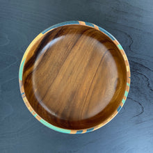 Load image into Gallery viewer, vintage wooden bowl handpainted with a gold and blue geometric design