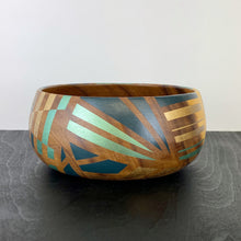 Load image into Gallery viewer, vintage wooden bowl handpainted with a gold and blue geometric design