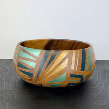 Load image into Gallery viewer, vintage wooden bowl handpainted with a gold and blue geometric design