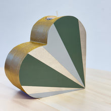 Load image into Gallery viewer, Painted wooden heart tealight holder in green, gold and grey