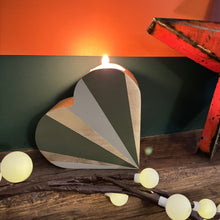 Load image into Gallery viewer, Green, grey and gold wooden heart tealight holder
