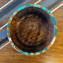 Load image into Gallery viewer, wooden vintage bowl handpainted with blue and silver geometric design