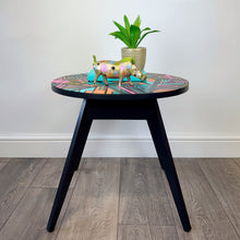 Load image into Gallery viewer, handpainted wooden warthog in blue pink and green glitter spots upcycled