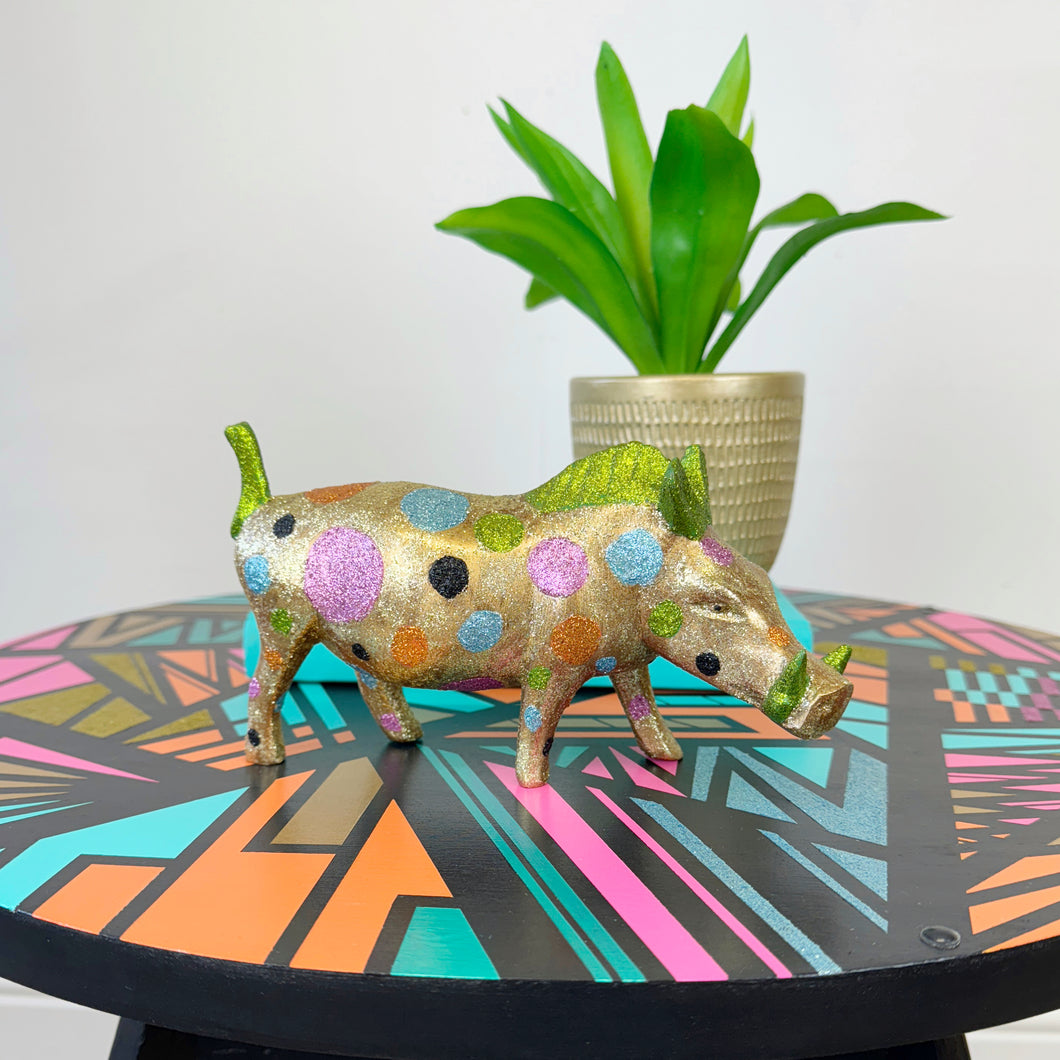handpainted wooden warthog in gold pink and blue glitter spotshandpainted wooden warthog in gold pink and blue glitter spots upcycled