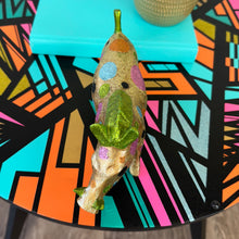 Load image into Gallery viewer, handpainted wooden warthog in gold pink and blue glitter spots upcycled