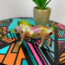 Load image into Gallery viewer, handpainted wooden warthog in gold pink and blue glitter spots upcycled