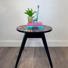 Load image into Gallery viewer, handpainted wooden giraffe in blue and pink glitter upcycled