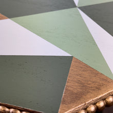 Load image into Gallery viewer, solid oak side table painted in green, grey and gold geometric design