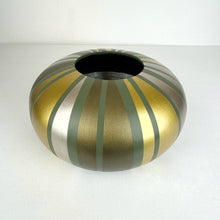 Load image into Gallery viewer, handpainted upcycled wooden bowl in sage green with gold striped design