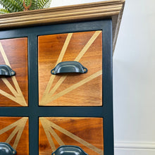Load image into Gallery viewer, Teal and gold handpainted upcycled solid wooden drawers with gold sunburst design on the top and teal cup handles