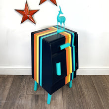 Load image into Gallery viewer, G plan e gomme bedside cabnet painted in navy blue and orange and blue retro stripes