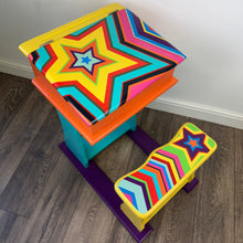 Load image into Gallery viewer, vintage childs desk with handpainted multicoloured star design