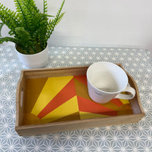 Load image into Gallery viewer, Wooden tray with geometric design, white mug, and potted plant on a patterned surface
