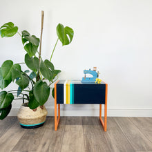 Load image into Gallery viewer, Retro sewing or crafters box painted in orange and blue stripe