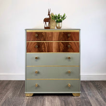 Load image into Gallery viewer, Wooden chest of drawers with green base and walnut top