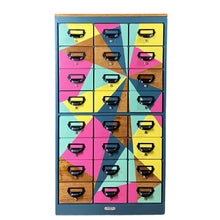 Load image into Gallery viewer, Vintage library card upcycled using blue yellow and pink geometric pattern