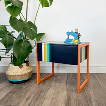 Load image into Gallery viewer, Retro sewing or crafters box painted in orange and blue stripe