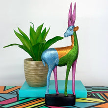 Load image into Gallery viewer, blue green and pink glitter painted wooden stag figurine