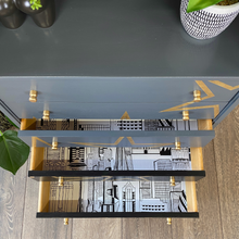 Load image into Gallery viewer, Grey and black upcycled mid century storage unit with handpaingted gold stars