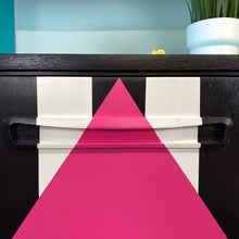 Load image into Gallery viewer, Bright yellow, blue, green, pink and lilac painted mid century storage unit with black and white striped detail