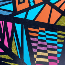 Load image into Gallery viewer, Round coffee table handpainted in bright colours and a geometric design