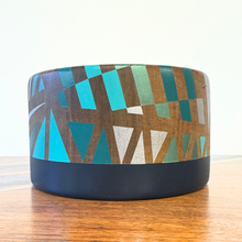 Load image into Gallery viewer, wooden vintage bowl handpainted with blue and silver geometric design
