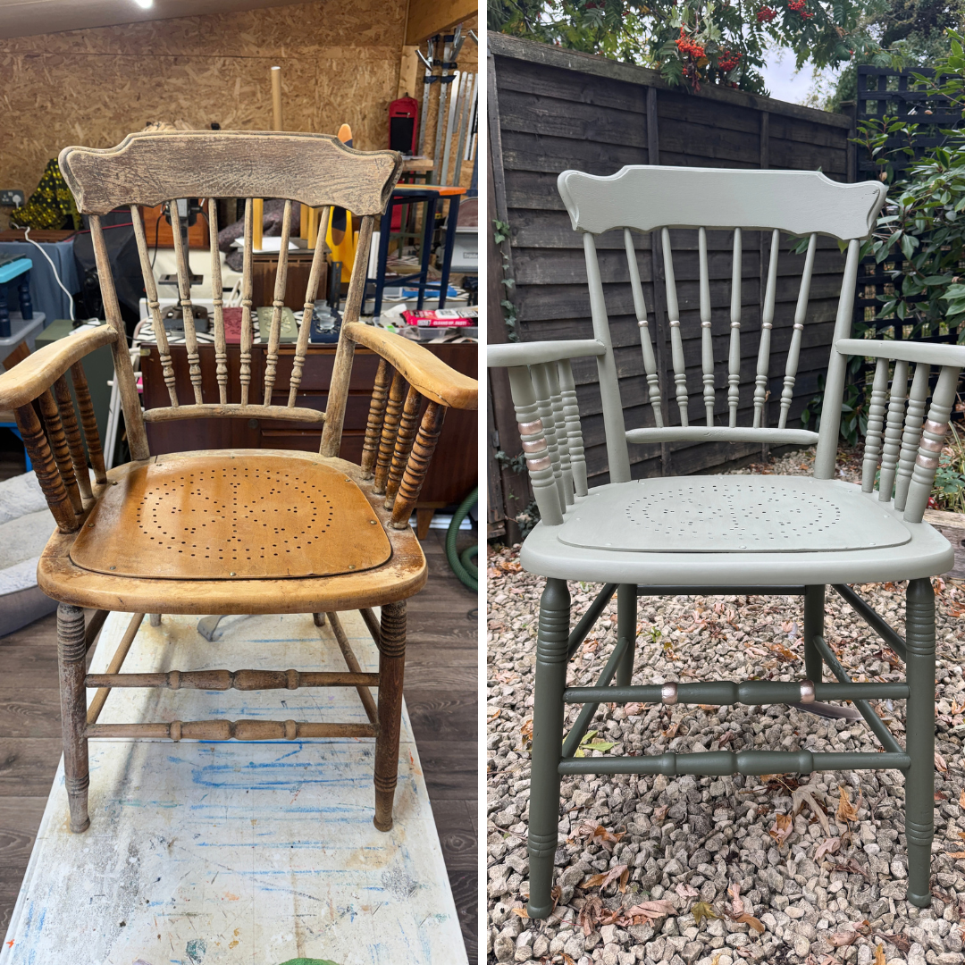 A side-by-side comparison of a wooden spindle-back armchair. The left panel shows the chair in its original rustic brown wood state, photographed in a workshop. The right hand shows it painted in soft greens and metallics