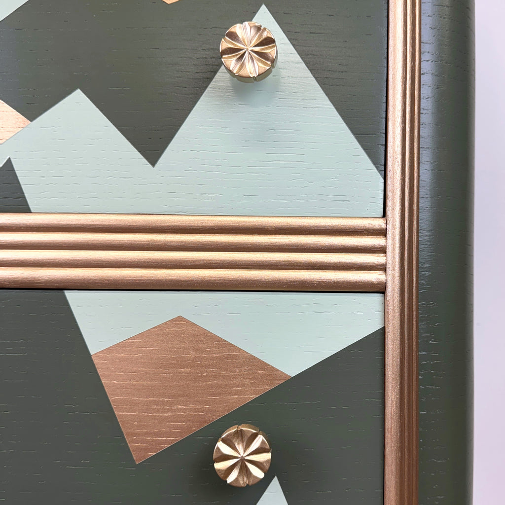upcycled mid century chest of drawers mountain design in green and gold
