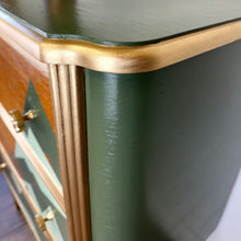 Load image into Gallery viewer, upcycled mid century chest of drawers mountain design in green and gold
