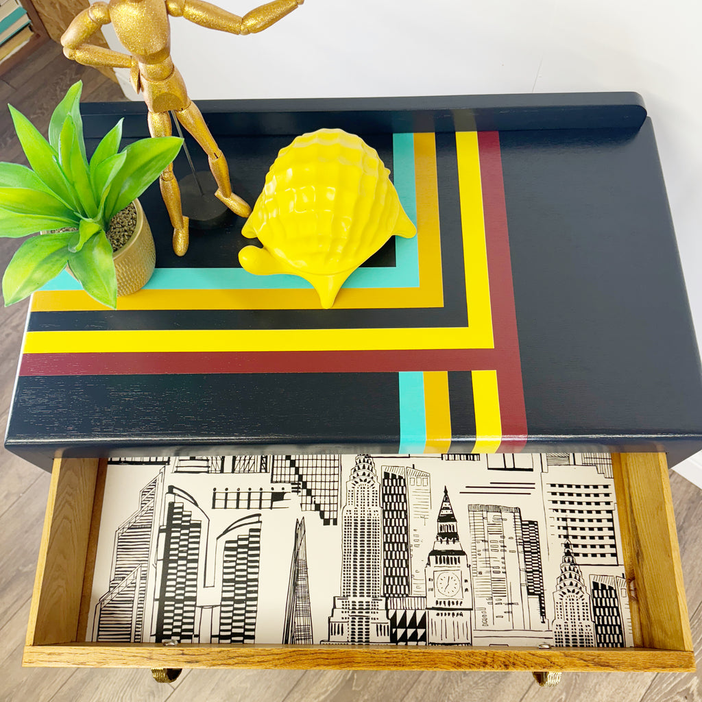 Upcycled lebus mid century drawers in retro stripes and gold stars