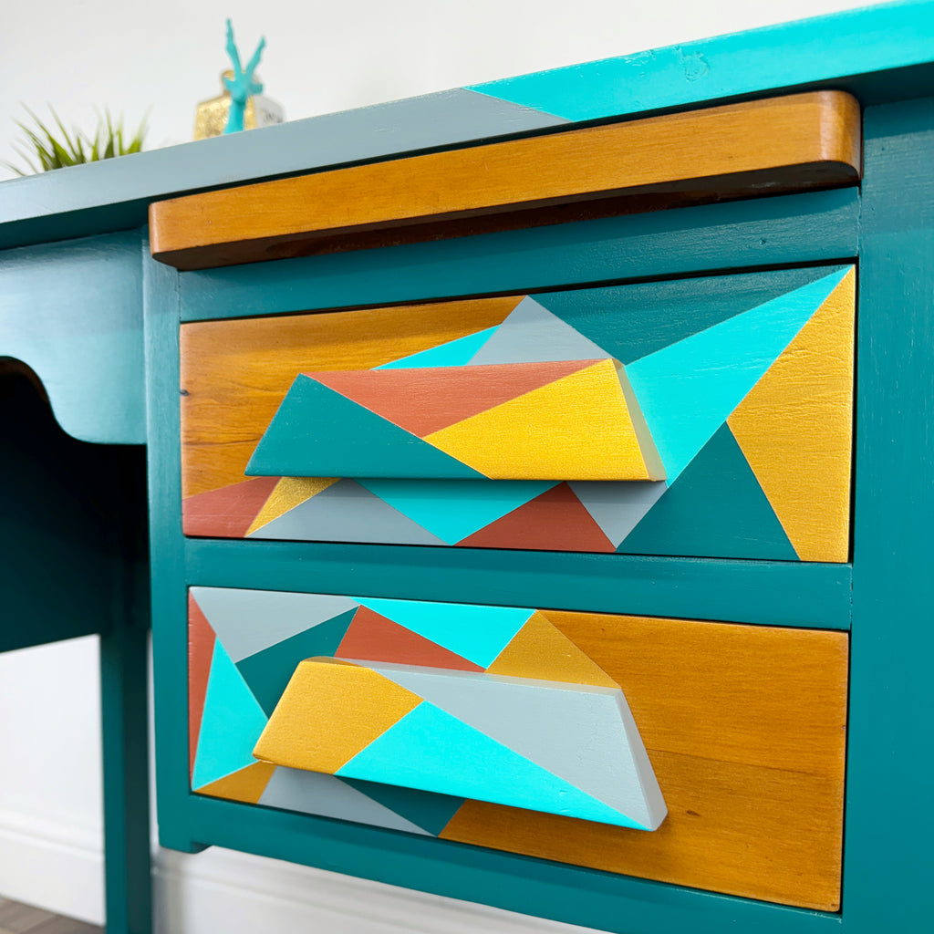 mid century school desk upcycled in blue and gold geometric design