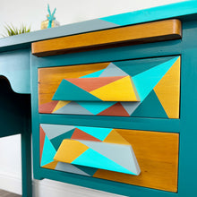 Load image into Gallery viewer, mid century school desk upcycled in blue and gold geometric design
