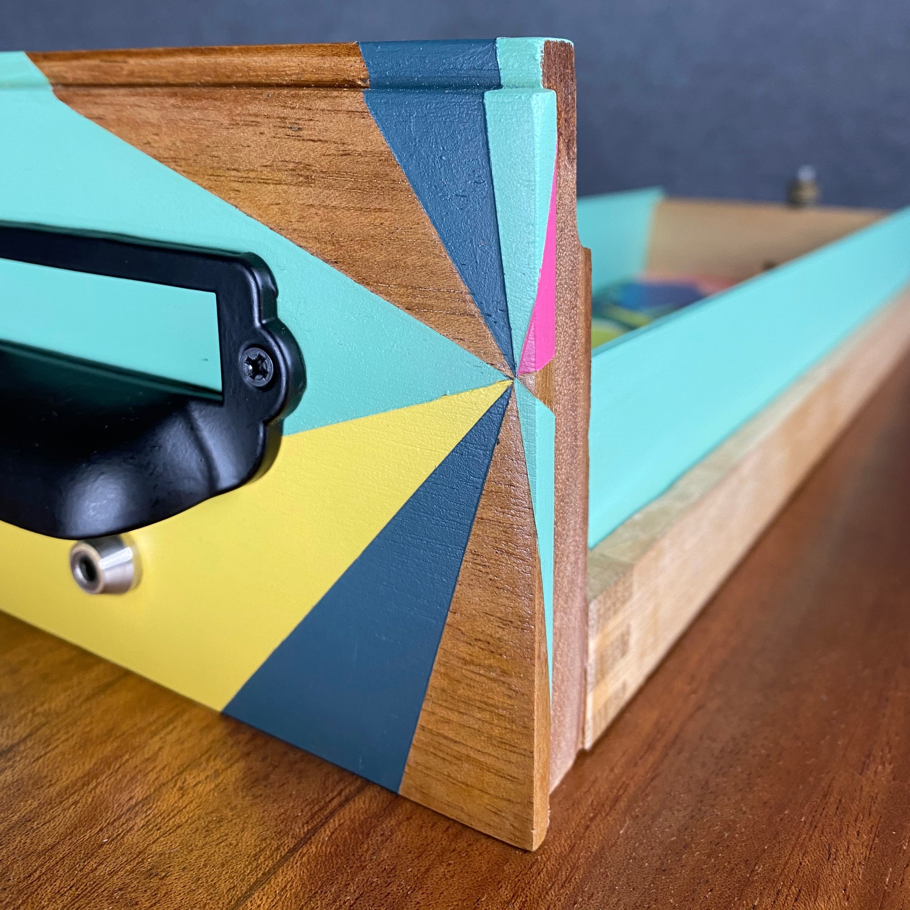 Vintage library card upcycled using blue yellow and pink geometric pattern