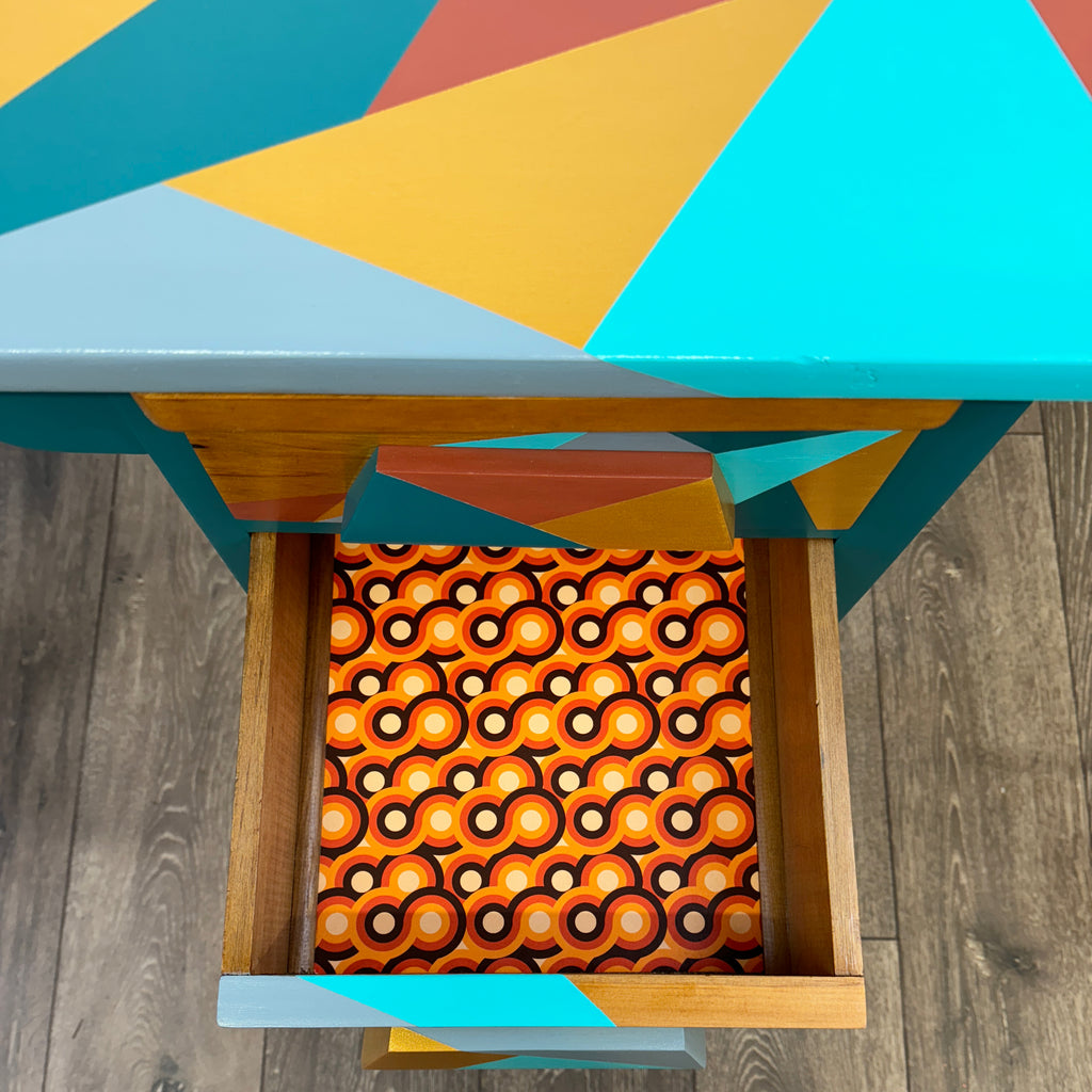 mid century school desk upcycled in blue and gold geometric design