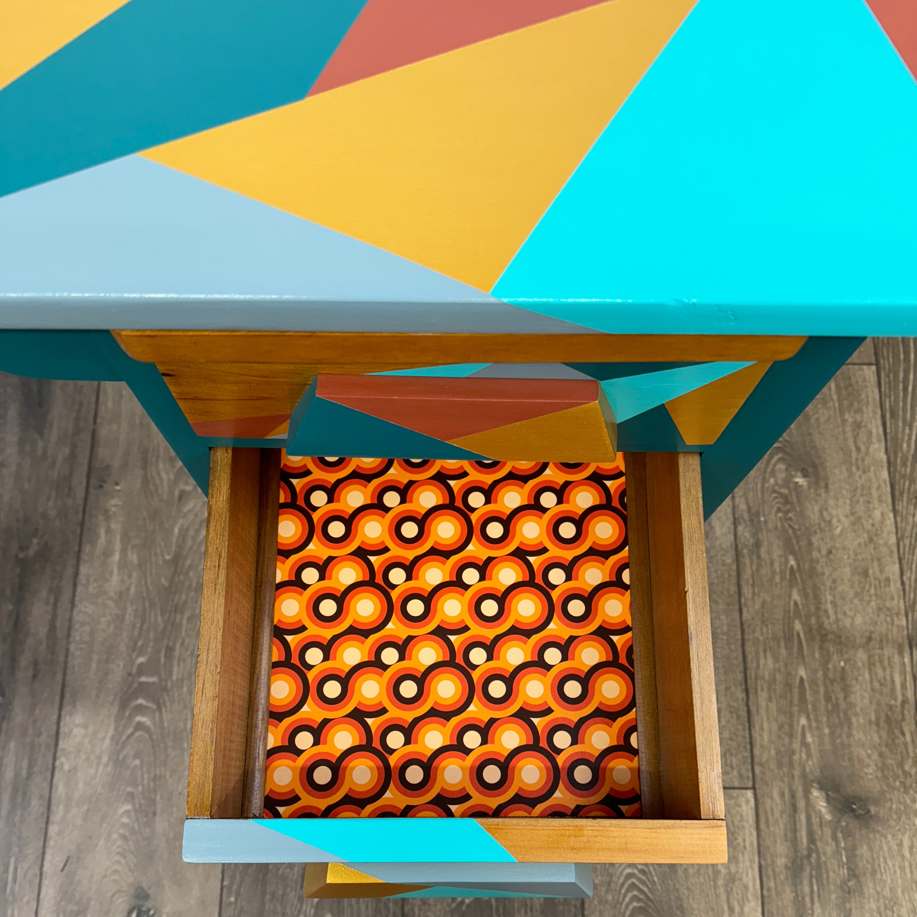 mid century school desk upcycled in blue and gold geometric design