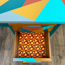 Load image into Gallery viewer, mid century school desk upcycled in blue and gold geometric design
