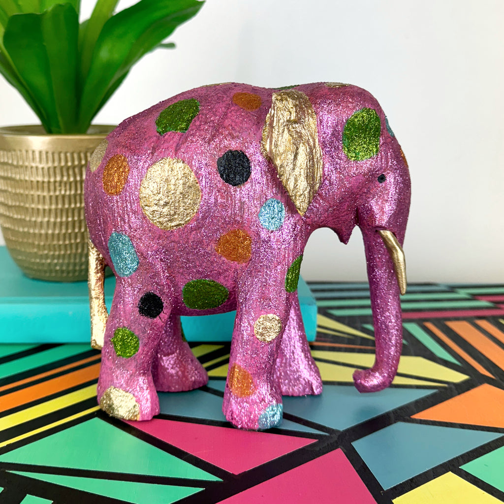 Pink gold and green glitter painted wooden elephant
