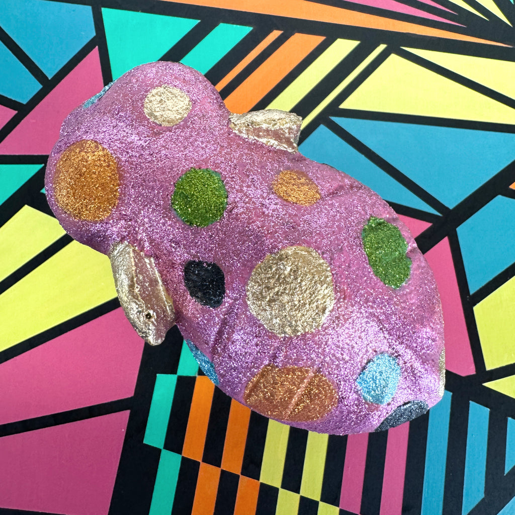 Pink gold and green glitter painted wooden elephant