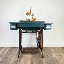 Load image into Gallery viewer, singer sewing machine table painted in blue with silver line design
