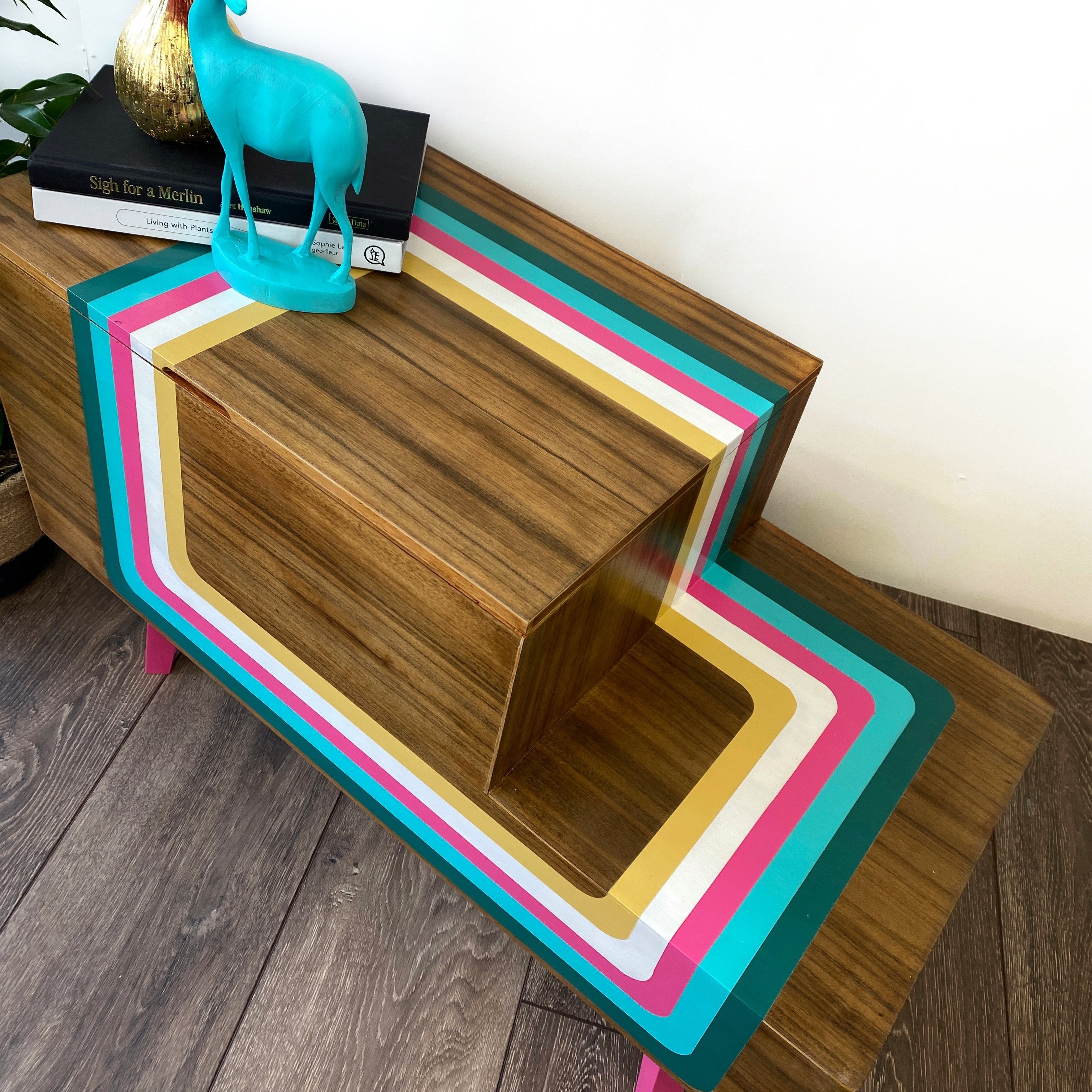retro sewing box upcycled with pink blue white and yellow retro stripes