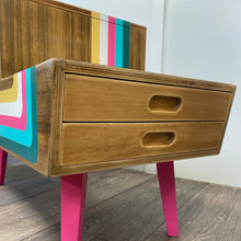 Load image into Gallery viewer, retro sewing box upcycled with pink blue white and yellow retro stripes
