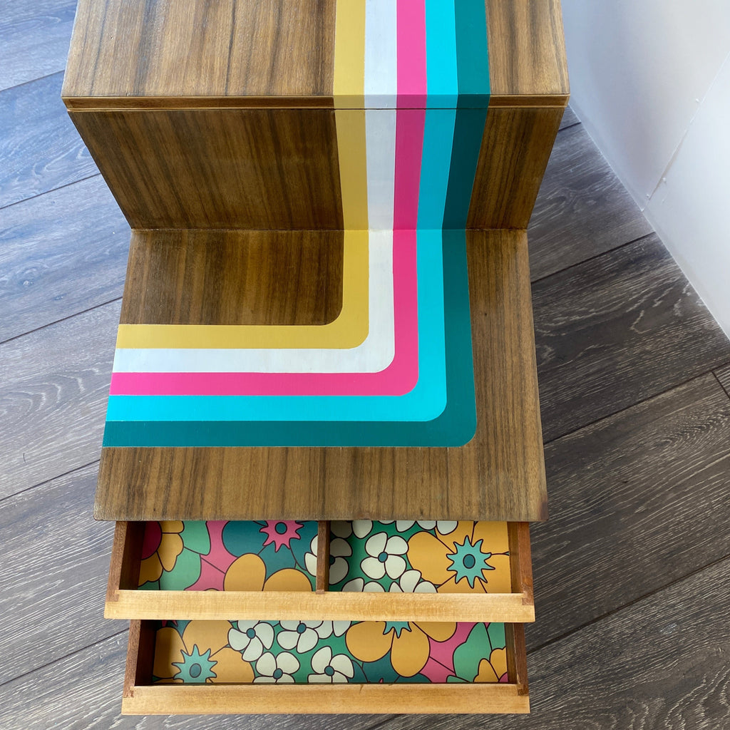 retro sewing box upcycled with pink blue white and yellow retro stripes